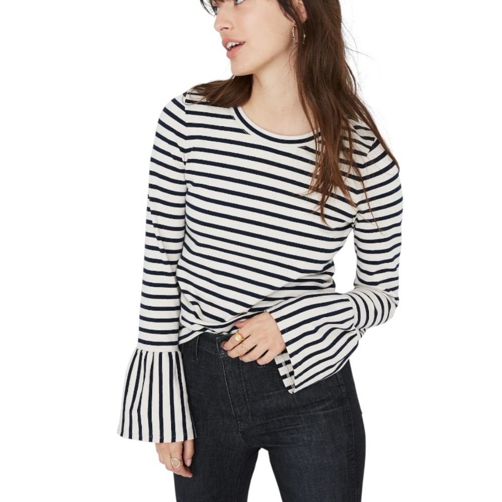 Madewell Navy Blue & Cream Stripe-Play Ruffle Cuff Cropped Top - XS